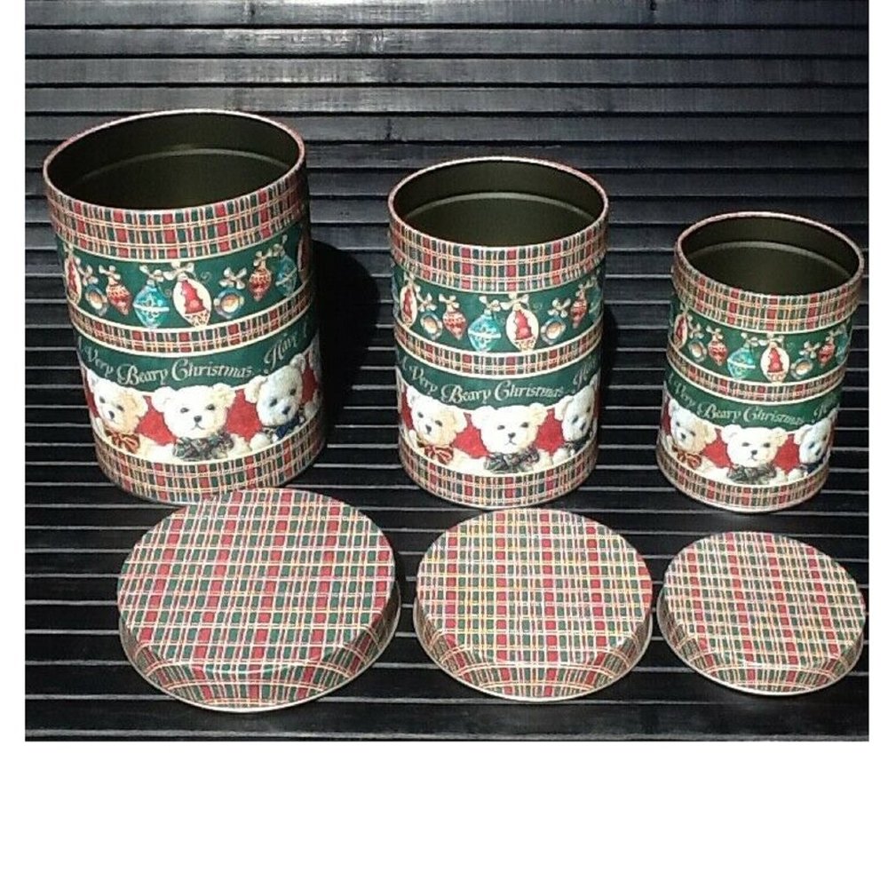 3 brand new Beary Merry Christmas-themed Metal Canisters featuring little bears - Picture 2 of 2